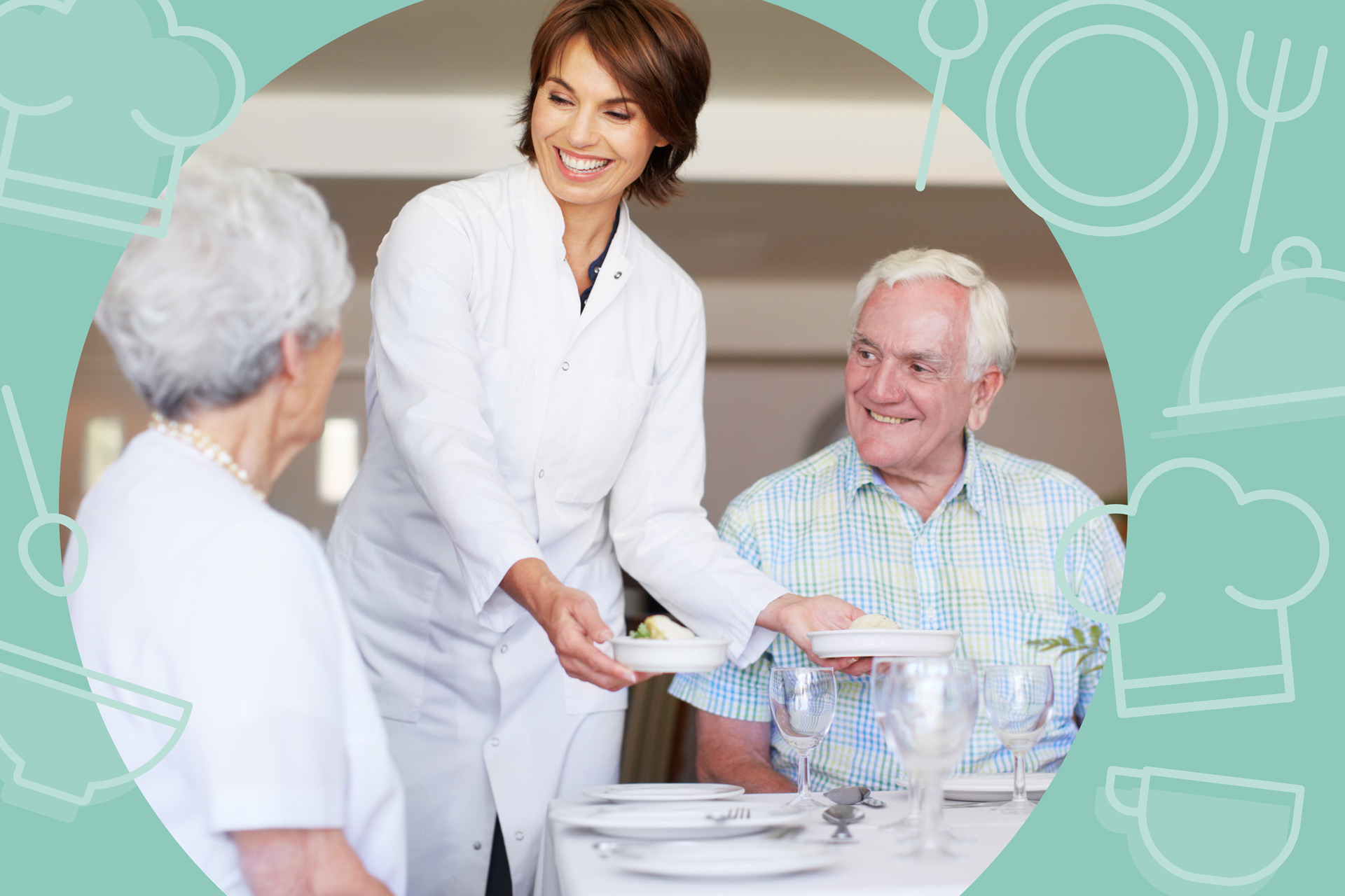 A smiling aged care staff member serves a meal to elderly residents in a dining room, creating a warm and supportive dining experience. Standard 6 - Food & Nutrition
