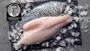 Close-up view of two barramundi fillets on a bed of ice. One fillet has its skin on, displaying a pattern of scales, while the other is skinless, revealing the pinkish-white flesh. A circular inset in the top left corner features a black and white photo of a person labeled "seafood expert. Brett Patience."
