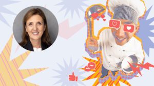 Composite image of Tawnya Bahr in a portrait photo alongside a playful cartoon-style chef illustration with heart icons, social media graphics and bold pop-art colours.