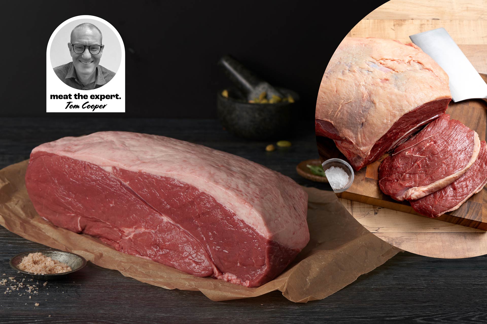 A raw beef rump with a thick fat cap sits on butcher’s paper, with coarse salt beside it. In the top-left corner is a portrait of meat expert Tom Cooper. A circular inset on the right shows the same cut partially sliced on a wooden board with a cleaver, displaying its marbling and grain structure.