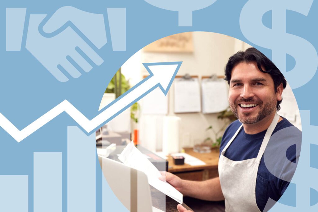 Smiling café owner reviewing costs and planning strategies for maximising margins, with a backdrop of growth and profitability icons symbolising business success.