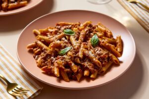 An image of a moody dinner setting. Served is a rich, creamy tomato vodka pasta with tender beef mince, served in a bowl and topped with grated parmesan and fresh basil leaves. The pasta is coated in a velvety sauce, with a hint of vodka adding depth to the flavor.